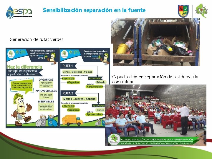 Sensibilización separación en la fuente Generación de rutas verdes Capacitación en separación de residuos