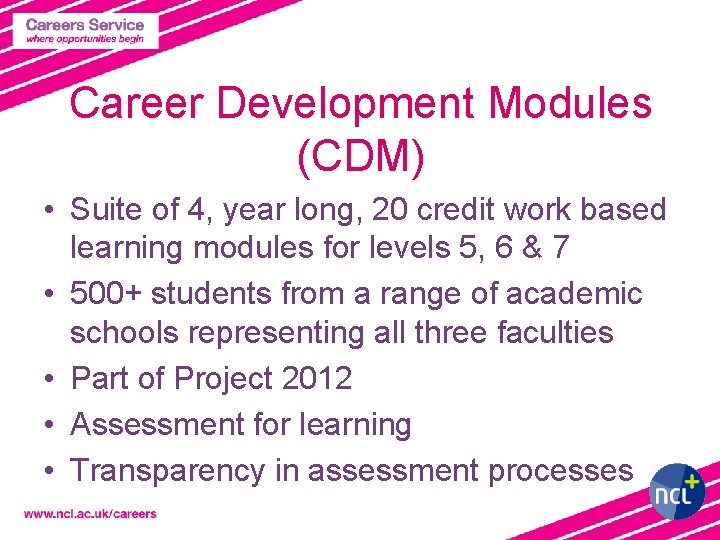 Career Development Modules (CDM) • Suite of 4, year long, 20 credit work based