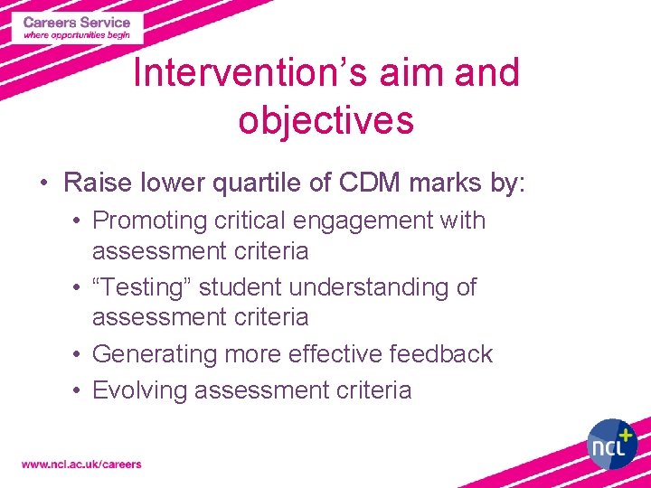 Intervention’s aim and objectives • Raise lower quartile of CDM marks by: • Promoting