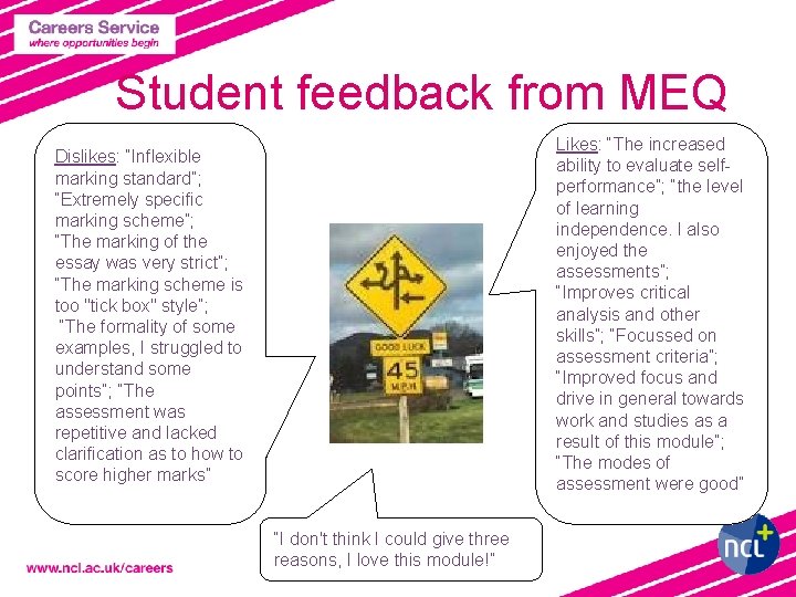 Student feedback from MEQ Likes: “The increased ability to evaluate selfperformance”; “the level of