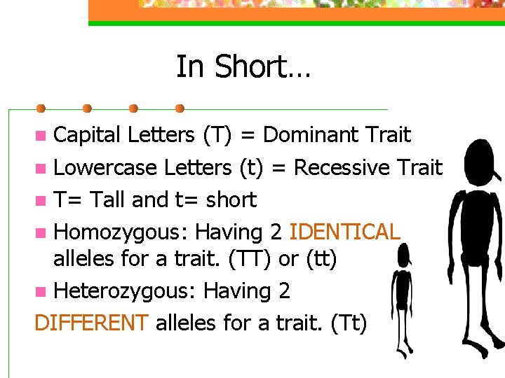 In Short… Capital Letters (T) = Dominant Trait n Lowercase Letters (t) = Recessive