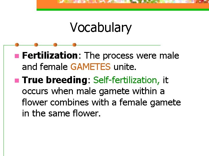 Vocabulary Fertilization: The process were male and female GAMETES unite. n True breeding: Self-fertilization,
