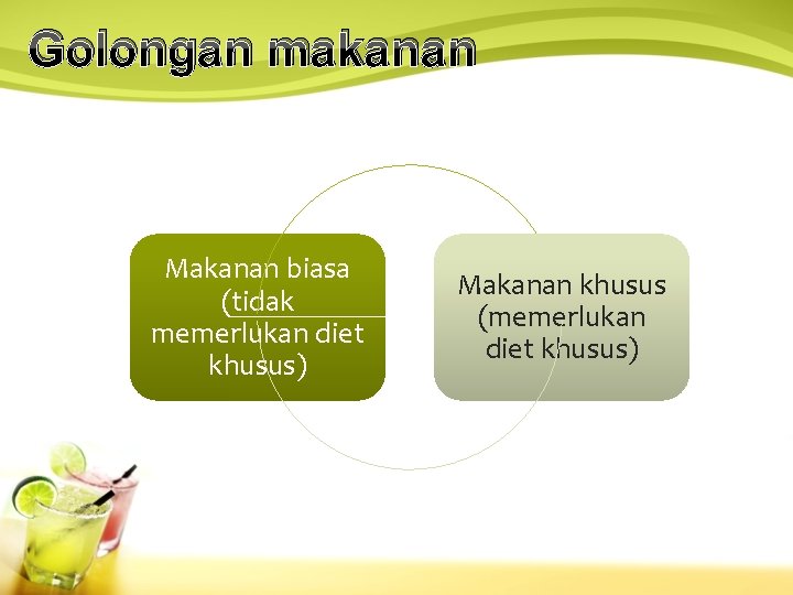 Golongan makanan Makanan biasa (tidak memerlukan diet khusus) Makanan khusus (memerlukan diet khusus) 