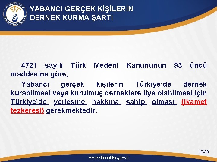 YABANCI GERÇEK KİŞİLERİN DERNEK KURMA ŞARTI 4721 sayılı Türk Medeni Kanununun 93 üncü maddesine