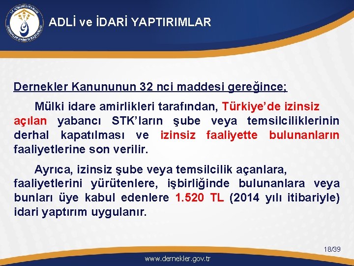 ADLİ ve İDARİ YAPTIRIMLAR Dernekler Kanununun 32 nci maddesi gereğince; Mülki idare amirlikleri tarafından,