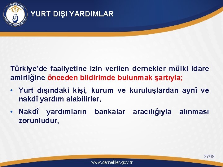 YURT DIŞI YARDIMLAR Türkiye’de faaliyetine izin verilen dernekler mülki idare amirliğine önceden bildirimde bulunmak