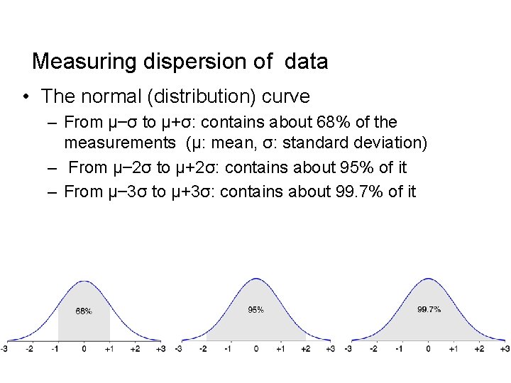 Measuring dispersion of data • The normal (distribution) curve – From μ–σ to μ+σ:
