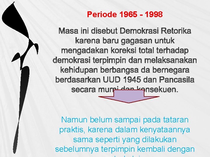 Periode 1965 - 1998 Namun belum sampai pada tataran praktis, karena dalam kenyataannya sama