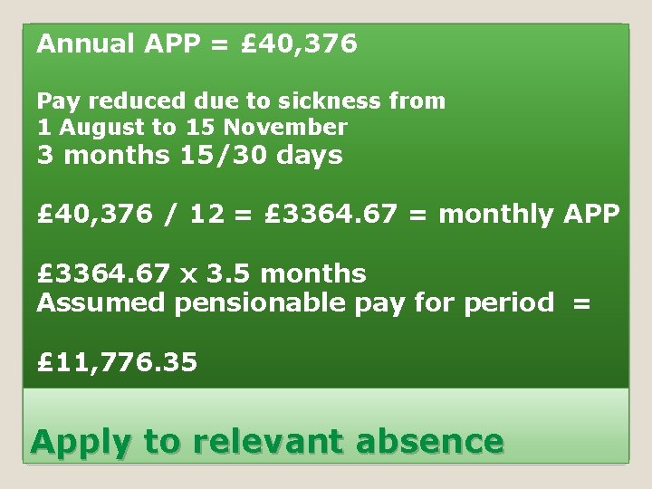 Annual APP = £ 40, 376 Pay reduced due to sickness from 1 August