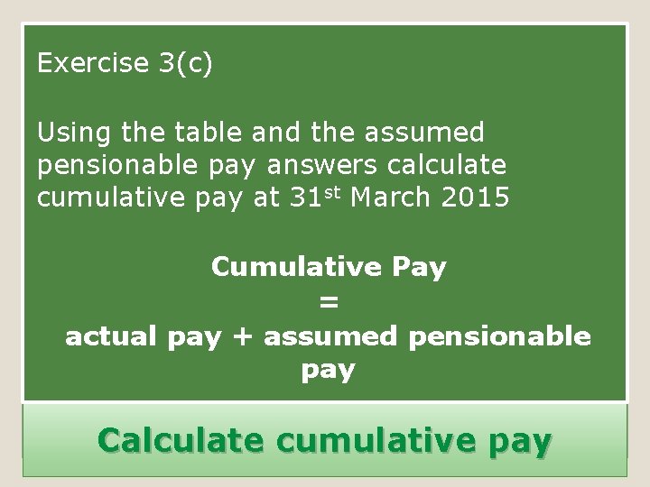 Exercise 3(c) Using the table and the assumed pensionable pay answers calculate cumulative pay