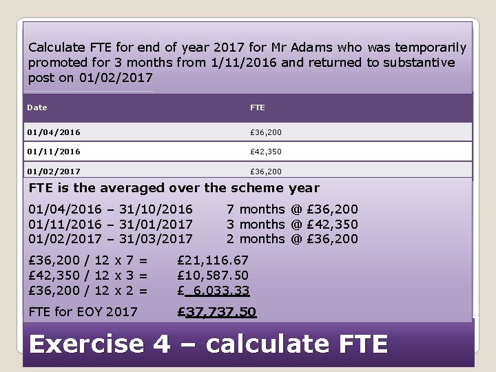 Calculate FTE for end of year 2017 for Mr Adams who was temporarily promoted