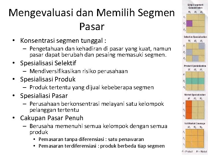 Mengevaluasi dan Memilih Segmen Pasar • Konsentrasi segmen tunggal : – Pengetahuan dan kehadiran