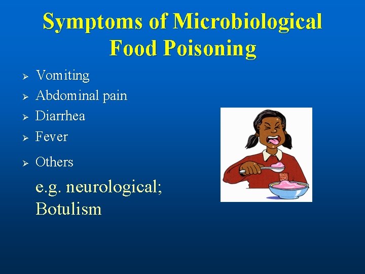Symptoms of Microbiological Food Poisoning Ø Vomiting Abdominal pain Diarrhea Fever Ø Others Ø