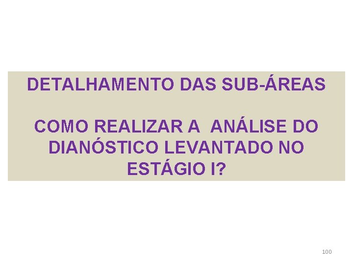 DETALHAMENTO DAS SUB-ÁREAS COMO REALIZAR A ANÁLISE DO DIANÓSTICO LEVANTADO NO ESTÁGIO I? 100