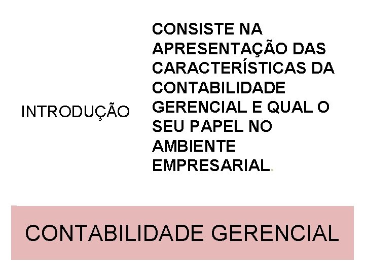 INTRODUÇÃO CONSISTE NA APRESENTAÇÃO DAS CARACTERÍSTICAS DA CONTABILIDADE GERENCIAL E QUAL O SEU PAPEL