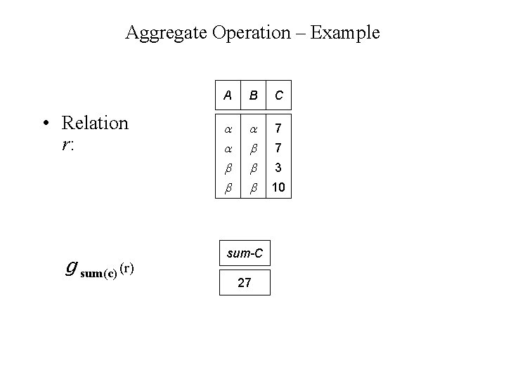 Aggregate Operation – Example • Relation r: g sum(c) (r) A B C 7 Aggregate Operation – Example • Relation r: g sum(c) (r) A B C 7