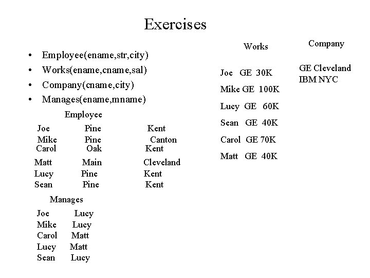 Exercises • • Employee(ename, str, city) Works(ename, cname, sal) Company(cname, city) Manages(ename, mname) Employee