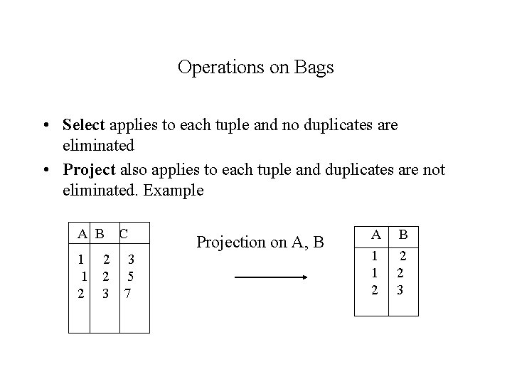 Operations on Bags • Select applies to each tuple and no duplicates are eliminated