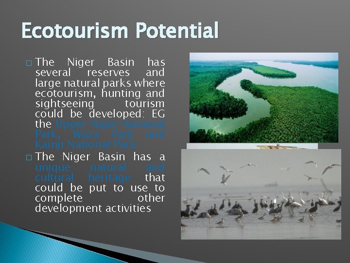 Ecotourism Potential The Niger Basin has several reserves and large natural parks where ecotourism,