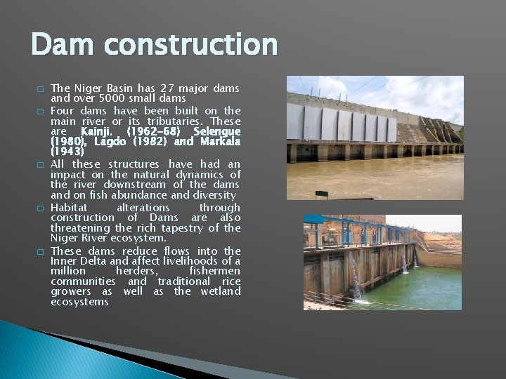 Dam construction � � � The Niger Basin has 27 major dams and over