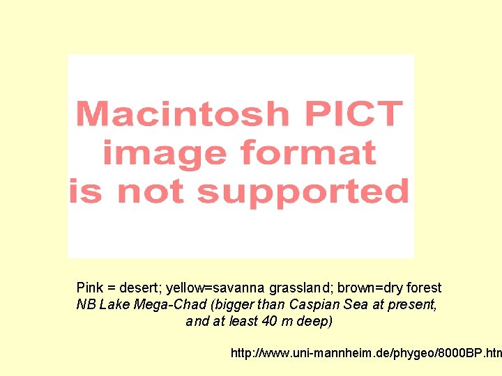 Pink = desert; yellow=savanna grassland; brown=dry forest NB Lake Mega-Chad (bigger than Caspian Sea