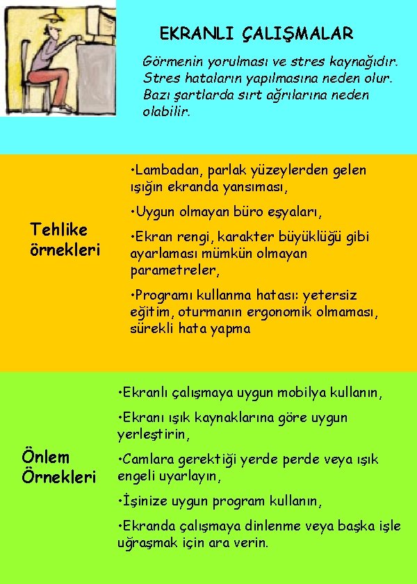 EKRANLI ÇALIŞMALAR Görmenin yorulması ve stres kaynağıdır. Stres hataların yapılmasına neden olur. Bazı şartlarda