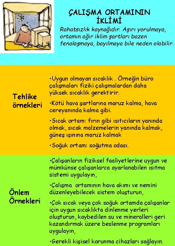 ÇALIŞMA ORTAMININ İKLİMİ Rahatsızlık kaynağıdır. Aşırı yorulmaya, ortamın ağır iklim şartları bazen fenalaşmaya, bayılmaya