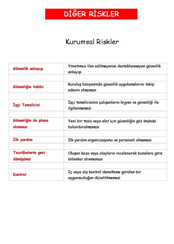 DİĞER RİSKLER Kurumsal Riskler 