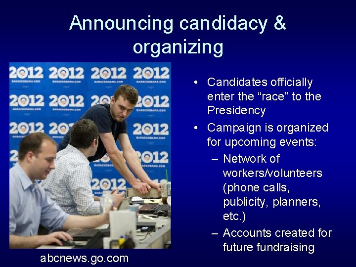 Announcing candidacy & organizing abcnews. go. com • Candidates officially enter the “race” to