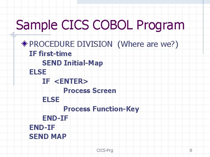 Sample CICS COBOL Program PROCEDURE DIVISION (Where are we? ) IF first-time SEND Initial-Map