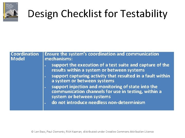 Design Checklist for Testability Coordination Ensure the system’s coordination and communication Model mechanisms: support