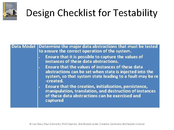 Design Checklist for Testability Data Model Determine the major data abstractions that must be