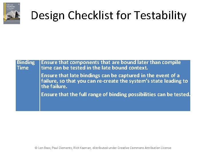 Design Checklist for Testability Binding Ensure that components that are bound later than compile