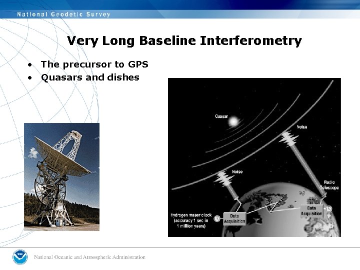 Very Long Baseline Interferometry • The precursor to GPS • Quasars and dishes 