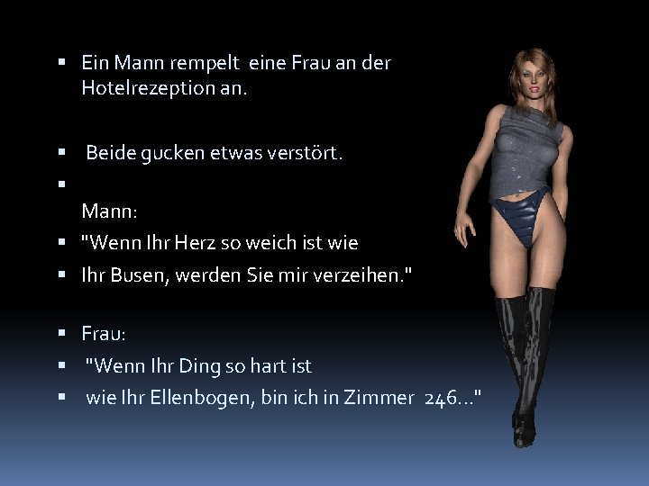  Ein Mann rempelt eine Frau an der Hotelrezeption an. Beide gucken etwas verstört.