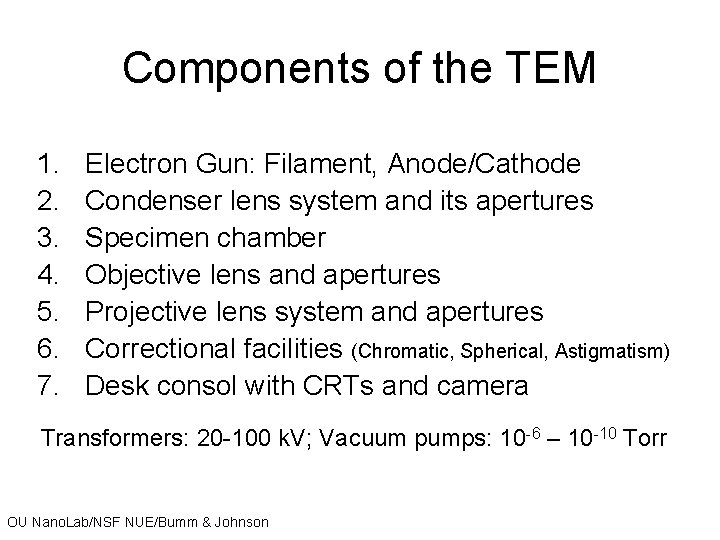 Components of the TEM 1. 2. 3. 4. 5. 6. 7. Electron Gun: Filament,