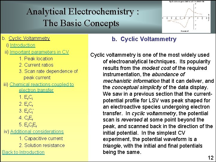 Analytical Electrochemistry : The Basic Concepts b. Cyclic Voltammetry i) Introduction ii) Important parameters