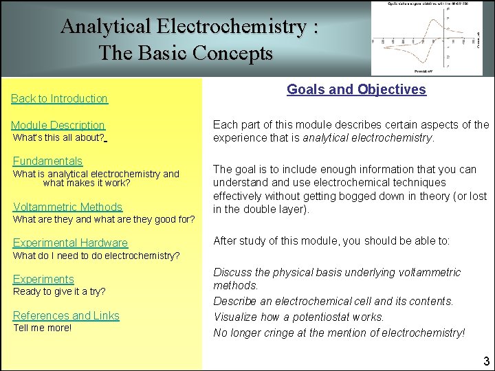 Analytical Electrochemistry : The Basic Concepts Back to Introduction Module Description What’s this all