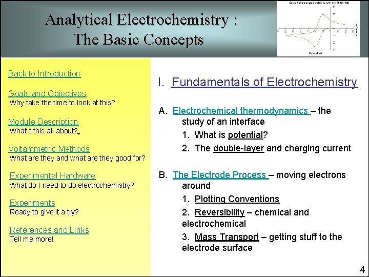 Analytical Electrochemistry : The Basic Concepts Back to Introduction Goals and Objectives Why take