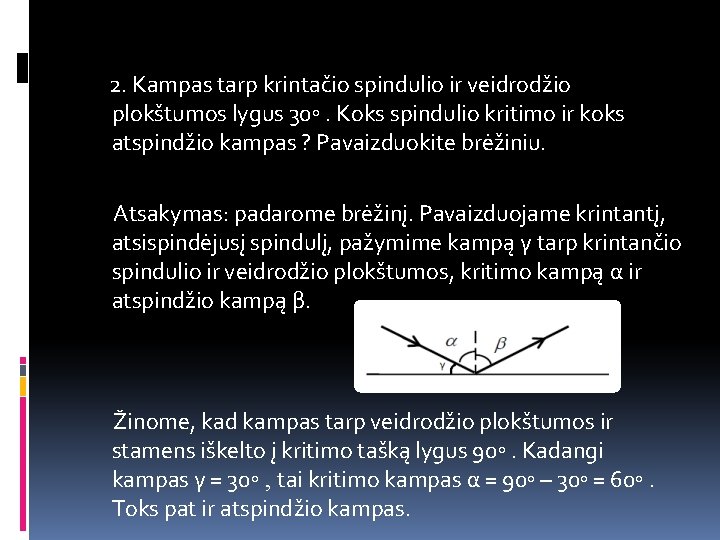 2. Kampas tarp krintačio spindulio ir veidrodžio plokštumos lygus 30◦. Koks spindulio kritimo ir