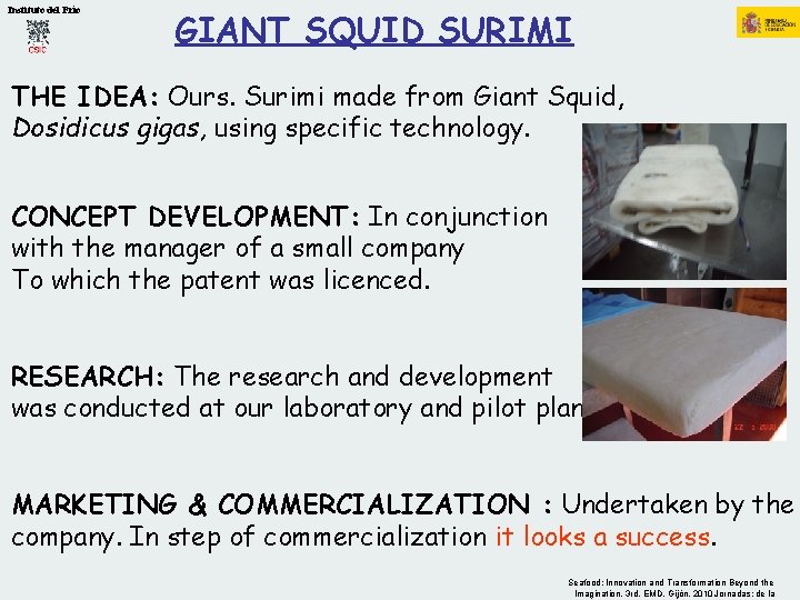 Instituto del Frío GIANT SQUID SURIMI THE IDEA: Ours. Surimi made from Giant Squid,