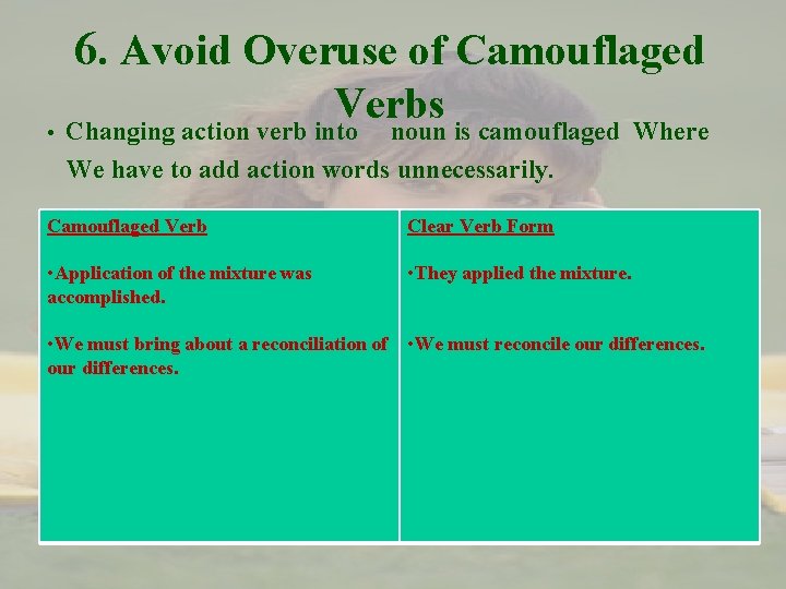 6. Avoid Overuse of Camouflaged Verbs • Changing action verb into noun is camouflaged