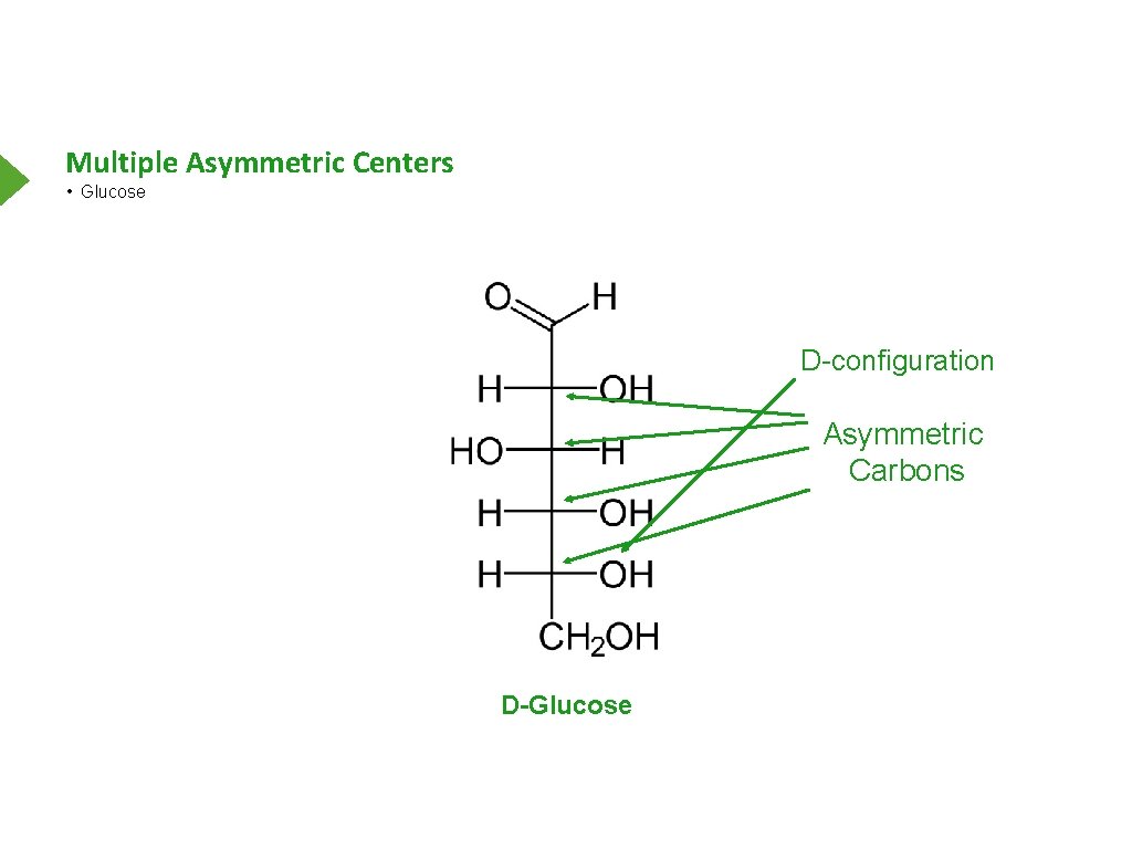 Multiple Asymmetric Centers • Glucose D-configuration Asymmetric Carbons D-Glucose 