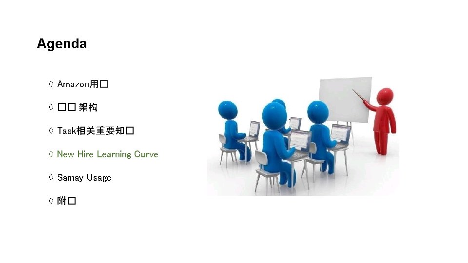 Agenda ◊ Amazon用� ◊ �� 架构 ◊ Task相关重要知� ◊ New Hire Learning Curve ◊