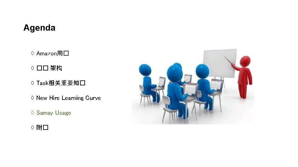 Agenda ◊ Amazon用� ◊ �� 架构 ◊ Task相关重要知� ◊ New Hire Learning Curve ◊