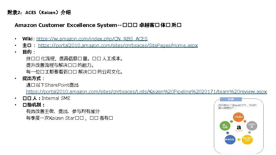 附录 2：ACES（Kaizen）介绍 Amazon Customer Excellence System--��� 卓越客� 体� 系� • • • Wiki: https: