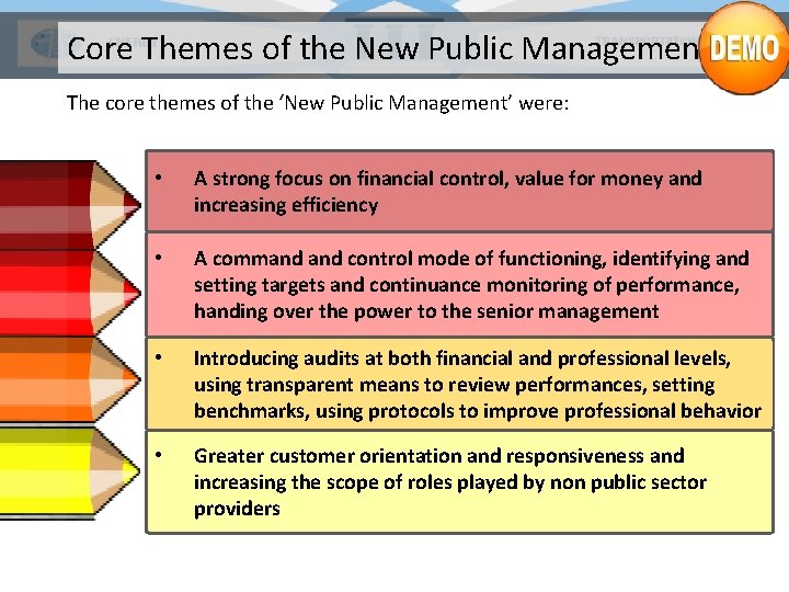 Core Themes of the New Public Management The core themes of the ‘New Public
