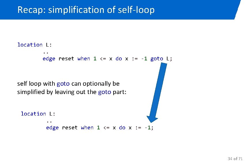 Recap: simplification of self-loop location L: . . edge reset when 1 <= x