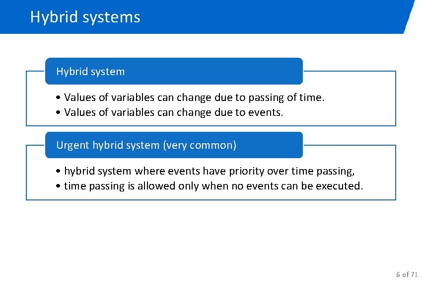 Hybrid systems Hybrid system • Values of variables can change due to passing of