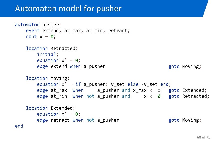 Automaton model for pusher automaton pusher: event extend, at_max, at_min, retract; cont x =